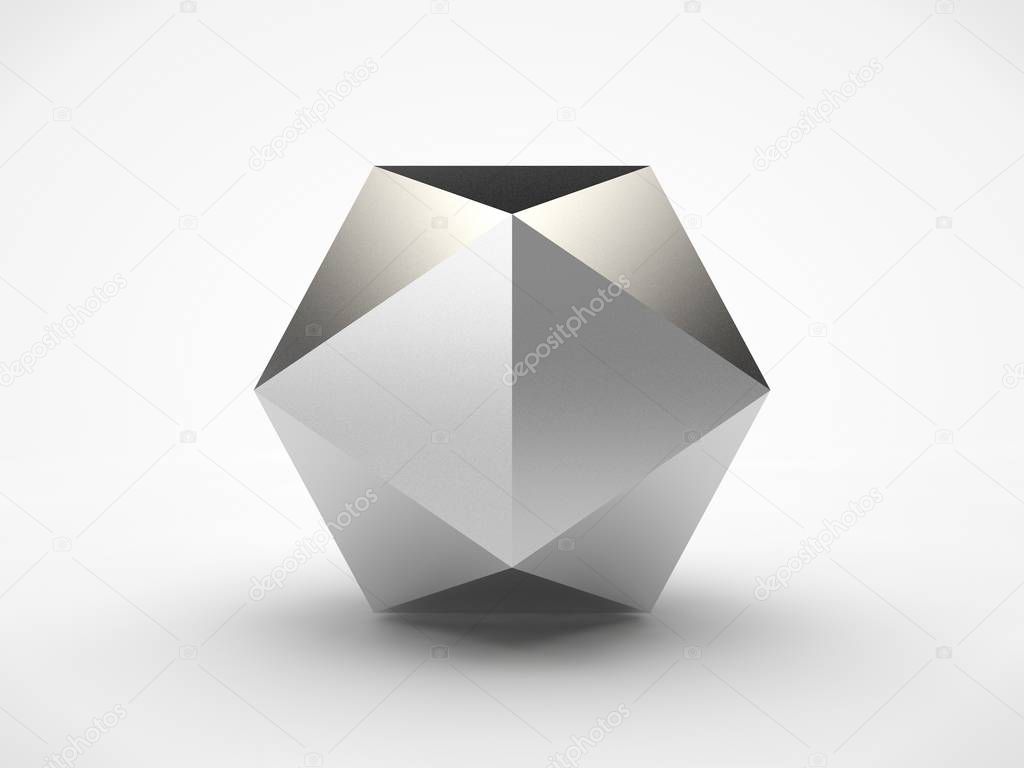 The silver image of a polyhedron, with a reflective surface. A symbol of firmness and principle. 3D rendering on white background.