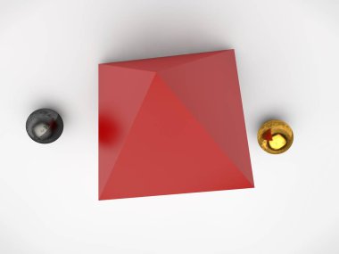 The image of the red prisms and two balls of the precious metal. Inverted image. A symbol of firmness and principle. 3D rendering on white background. clipart