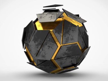 Altın Platonov beden ve geometrik şekiller çökmesinden sonra demir, demir çelik enkaz çoğulluğu görüntüsü. Beyaz arka plan üzerinde 3D render.