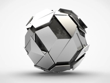 Siyah, çizikler ve geometrik şekiller çökmesinden sonra platin parçaları bir sürü ile demir Platonov vücut görüntüsü. Beyaz arka plan üzerinde 3D render.