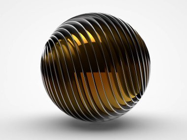 birçok yapılmış bir gümüş küre bükülmüş levhalar ve merkezi bir altın kase. Soyut resim beyaz zemin üzerinde. 3D render