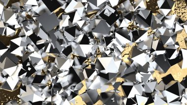 Soyutlama, metal, altın, gümüş ve platin arka plan oluşturan farklı hacimli geometrik şekiller çoğulluğu görüntüsünü. Fikir kaos ve kargaşa. 3D render