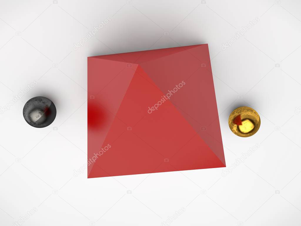 The image of the red prisms and two balls of the precious metal. Inverted image. A symbol of firmness and principle. 3D rendering on white background.