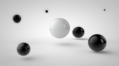 topları grupları farklı alan derinliği, siyah alt gölge ve rastgele bulunduğu alanda ve beyaz bir arka plan üzerinde merkezi bir beyaz topu ile görüntü. 3D render.