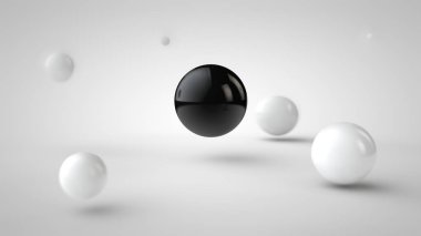 topları grupları farklı derinlik-in tarla, beyaz ile görüntü alt gölge ve rastgele alanı ve bir siyah top beyaz bir arka plan üzerinde şehir merkezinde yer alan. 3D render.
