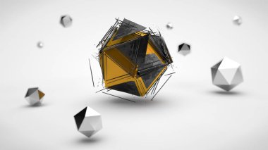 polyhedrons, bir dizi farklı derinliği alan, gümüş ve platin ve beyaz zemin üzerine şehir merkezinde polihedron parçaları içine bir çürüyen görüntüsü. 3D render