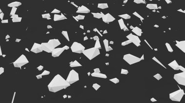 Beyaz soyut resim geometrik şekiller dağınık siyah bir arka plan, kaos ve kargaşa bir sembol. 3D render