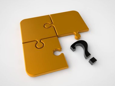 Görüntü değil monte puzzle bulmaca, üç altın ve bir altın yanlış maddeyi ve soru işareti. Seçkin, benzersiz bir sembolü. Beyaz bir arka plan görüntü. 3D render.
