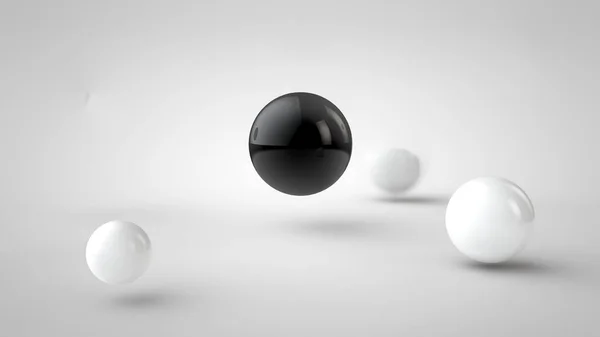 具有不同景深 白色落影和随机位于空间中的球组的图像 在中心有一个黑球 在白色背景上 — 图库照片