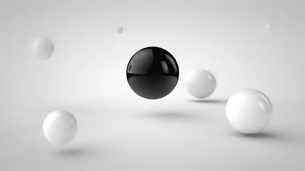 具有不同景深 白色落影和随机位于空间中的球组的图像 在中心有一个黑球 在白色背景上 — 图库照片