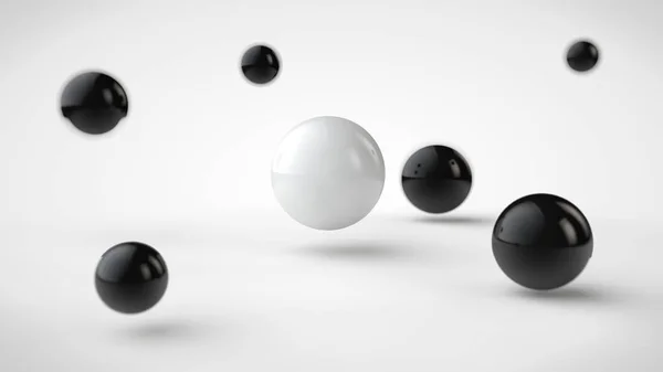 具有不同景深 黑色落影和随机位于空间中的球组的图像 在中心的一个白色球的图像 在白色背景上 — 图库照片