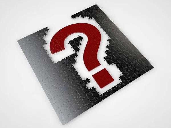 image silver the disassembled elements of puzzle and a red question mark from puzzle idea, puzzles, tasks and questions. The image on a white background. 3D rendering