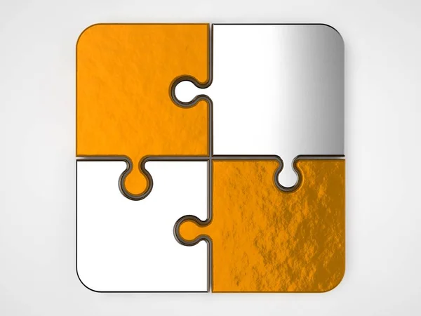 Picture puzzles, four puzzle pieces, gold and silver put together. A symbol of unity, wisdom, opportunity. The image on a white background. 3D rendering.