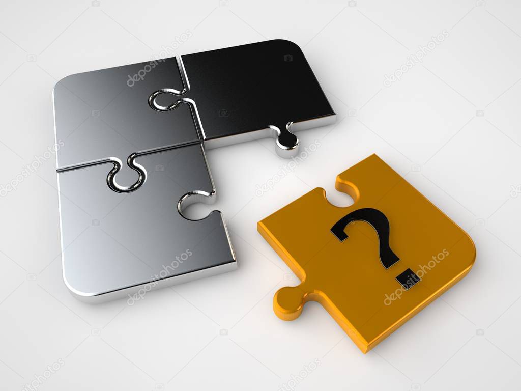 The image is not assembled puzzle, three silver and one gold puzzle the wrong item and the question mark. A symbol of exclusivity, uniqueness. The image on a white background. 3D rendering.