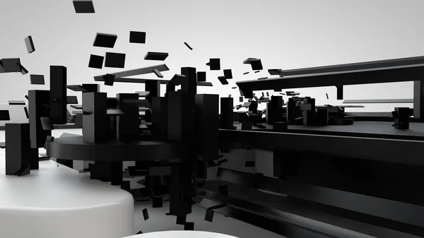 the image of the destroyed array, a plurality of fragments and fragments of the modern city. Cubes and rods. Futuristic style and abstraction, on a white background. 3D rendering