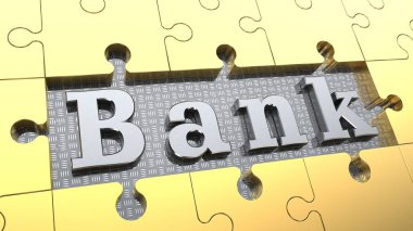 altın bir çerçevedeki metin banka, gümüş, platin bir arka plan üzerinde bulmacalar. Arka plan, geliştirme, ekonomik büyüme, zenginlik ve karlılık yanı sıra tuzak, tuzak ve kafesleri fikri. 3D render