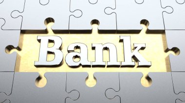 Altın metin banka, altın arka plan üzerinde gümüş puzzle çerçeveli. Arka plan, geliştirme, ekonomik büyüme, zenginlik ve karlılık yanı sıra tuzak, tuzak ve kafesleri fikri. 3D render