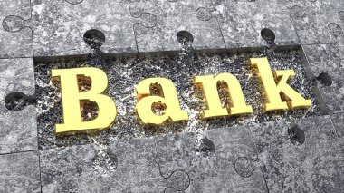 Altın metin banka, çerçeveli Gümüş arka plan üzerinde gümüş bulmaca. Arka plan, geliştirme, ekonomik büyüme, zenginlik ve karlılık yanı sıra tuzak, tuzak ve kafesleri fikri. 3D render
