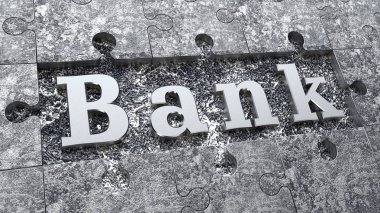 Platin metin banka, çerçeveli Gümüş arka plan üzerinde gümüş bulmaca. Arka plan, geliştirme, ekonomik büyüme, zenginlik ve karlılık yanı sıra tuzak, tuzak ve kafesleri fikri. 3D render