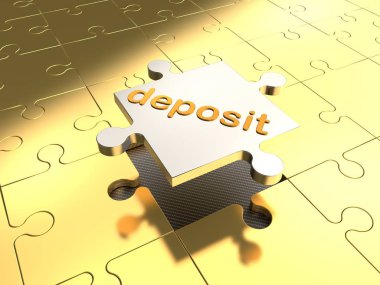 Platin düzeyi ve altın metin mevduat, arka planda altın yap-boz görüntüdür. Arka plan, fikir katkı, finansal yatırımlar, başarı ve refah. 3D render