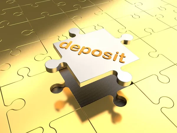 a picture of a Golden puzzle piece and silver text the Deposit, on the background of Golden jigsaw puzzles. Background, idea contribution, financial investments, success and prosperity. 3D rendering