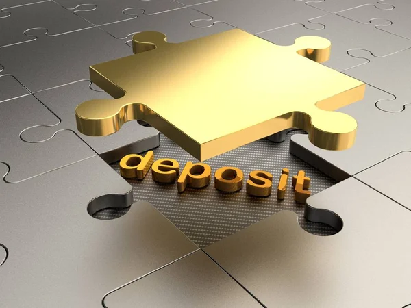 a picture of a Golden puzzle piece and the Golden text the Deposit, on a background of silver puzzle. Background, idea contribution, financial investments, success and prosperity. 3D rendering