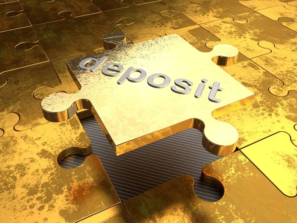 a picture of a Golden puzzle piece and silver text the Deposit, on the background of Golden jigsaw puzzles. Background, idea contribution, financial investments, success and prosperity. 3D rendering
