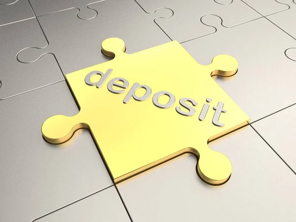 a picture of a Golden puzzle piece and the Golden text the Deposit, on a background of silver puzzle. Background, idea contribution, financial investments, success and prosperity. 3D rendering