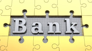 görüntü metni banka platin ve altın gümüş arka plan üzerinde bulmacalar. Arka plan bankacılık sistemi, büyüme ve karlılık, zenginlik ve başarı fikri. 3D render