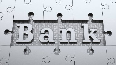 görüntü metni siyah bir zemin üzerine platin ve gümüş bulmaca banka. Arka plan bankacılık sistemi, büyüme ve karlılık, zenginlik ve başarı fikri. 3D render