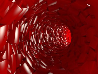 Bir tünel, mağara birçok kırmızı küp arka plan görüntüsü. Infinity, fütüristik bir resim anlayışı. Tünelin sonunda ışık. 3D render.