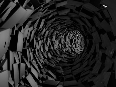 Bir tünel, mağara birçok siyah küpler arka plan görüntüsü. Infinity, fütüristik bir resim anlayışı. Tünelin sonunda ışık. 3D render.