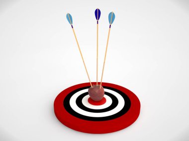 bir hedef konsantrik kırmızı halkalar ve bir kaç ok görüntüsünü kemikteki hedef vurdu. Beyaz bir arka plan görüntü. 3D render. Fikri başarı ve iyi şanslar.