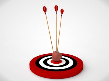 bir hedef konsantrik kırmızı halkalar ve bir kaç ok görüntüsünü kemikteki hedef vurdu. Beyaz bir arka plan görüntü. 3D render. Fikri başarı ve iyi şanslar.