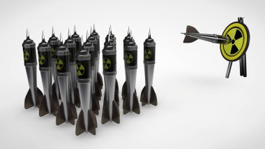 bir Arsenal, Dart atom bombaları, füzeleri ve hedef radyasyon sembolü şeklinde görüntüsünü. Nükleer savaş ve saldırganlık anlayışı. Beyaz bir arka plan izole görüntü. 3D render