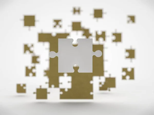 the image of many Golden flying puzzle elements in the background of the puzzle white. Abstraction, image over white background. 3D rendering