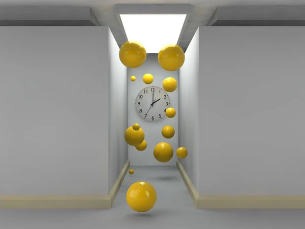 stylized image of a room made of grey cubes, lighted corridor, on the wall of which there is a clock. Many flying balls yellow. The idea of time, eternity, chaos and order lunch. 3D rendering