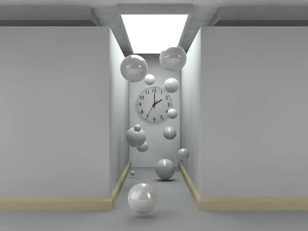 stylized image of a room made of grey cubes, lighted corridor, on the wall of which there is a clock. Many flying balloons. The idea of time, eternity, chaos and order lunch. 3D rendering