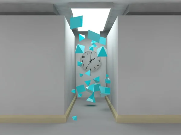 stylized image of a room of cubes, lighted corridor, on the wall of which there is a clock. A variety of flying pyramids blue. The idea of time, eternity, chaos and a lunch break. 3D rendering.