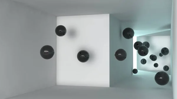 一个示意图的走廊白色立方体 与尖锐的角落和飞行在零重力流的球从黑色珍珠阵列的几何碎片 — 图库照片