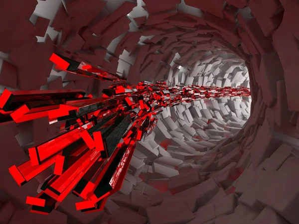 the image of futuristic tunnel of cubes of gray and an array of flying shards of glowing red light. The idea of a conductor, an abstract image. 3D rendering