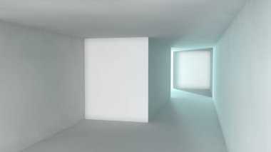 Beyaz küpler, ışıkla aydınlatılmış bir oda stilize imajı yaptı. Soyutlama, temizlik ve düzenini, uzay ve zaman, geçmiş ve gelecek, kenarlıklar ve sonsuzluk fikri. 3D render