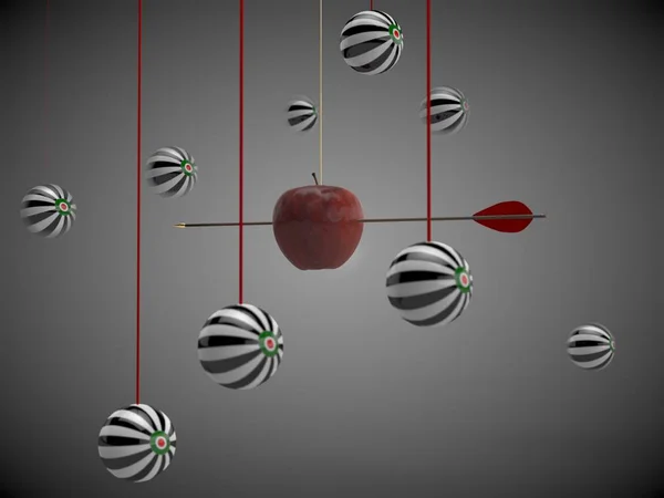 3D rendering of hanging balls with a target texture and an Apple with an arrow and a dart. Success in sports and business. The idea of hitting the target. 3D illustration.