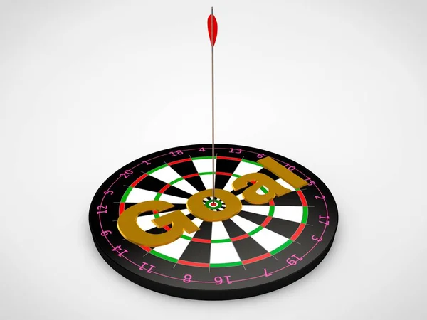 the image of the target for javelins and arrows hit the target , with the Golden text of the Goal. The image on a white background. 3D rendering. The idea of success and good luck.