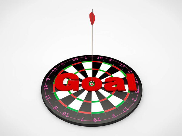 the image of the target for javelins and arrows hit the target , with the red text Goal. The image on a white background. 3D rendering. The idea of success and good luck.