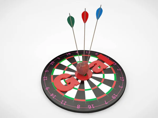 3D rendering of hanging balls with a target texture and an Apple with an arrow and a dart. Success in sports and business. The idea of hitting the target. 3D illustration.