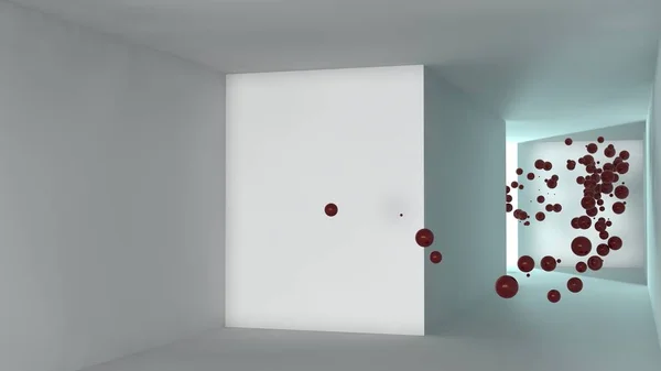 stylized image of a room made of white cubes and an array of flying balls, spheres red color. Abstraction, the idea of space and time, chaos and order, harmony and perfection. 3D rendering