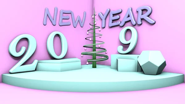 3D illustration of a room with a symbol of the New year, 2019 Objects on the figures and a stylistic Christmas tree in the corner of a cozy bright room. The idea of a joyful holiday. 3D rendering