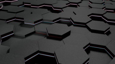 birçok siyah altıgenler ve mavi top, küre bir arka plan 3D Illustration. İş, zenginlik ve refah, karmaşık bankacılık ve ekonomik sistem anlayışı. 3D render, soyutlama.