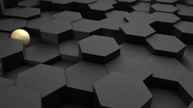 birçok siyah altıgenler ve mavi top, küre bir arka plan 3D Illustration. İş, zenginlik ve refah, karmaşık bankacılık ve ekonomik sistem anlayışı. 3D render, soyutlama.